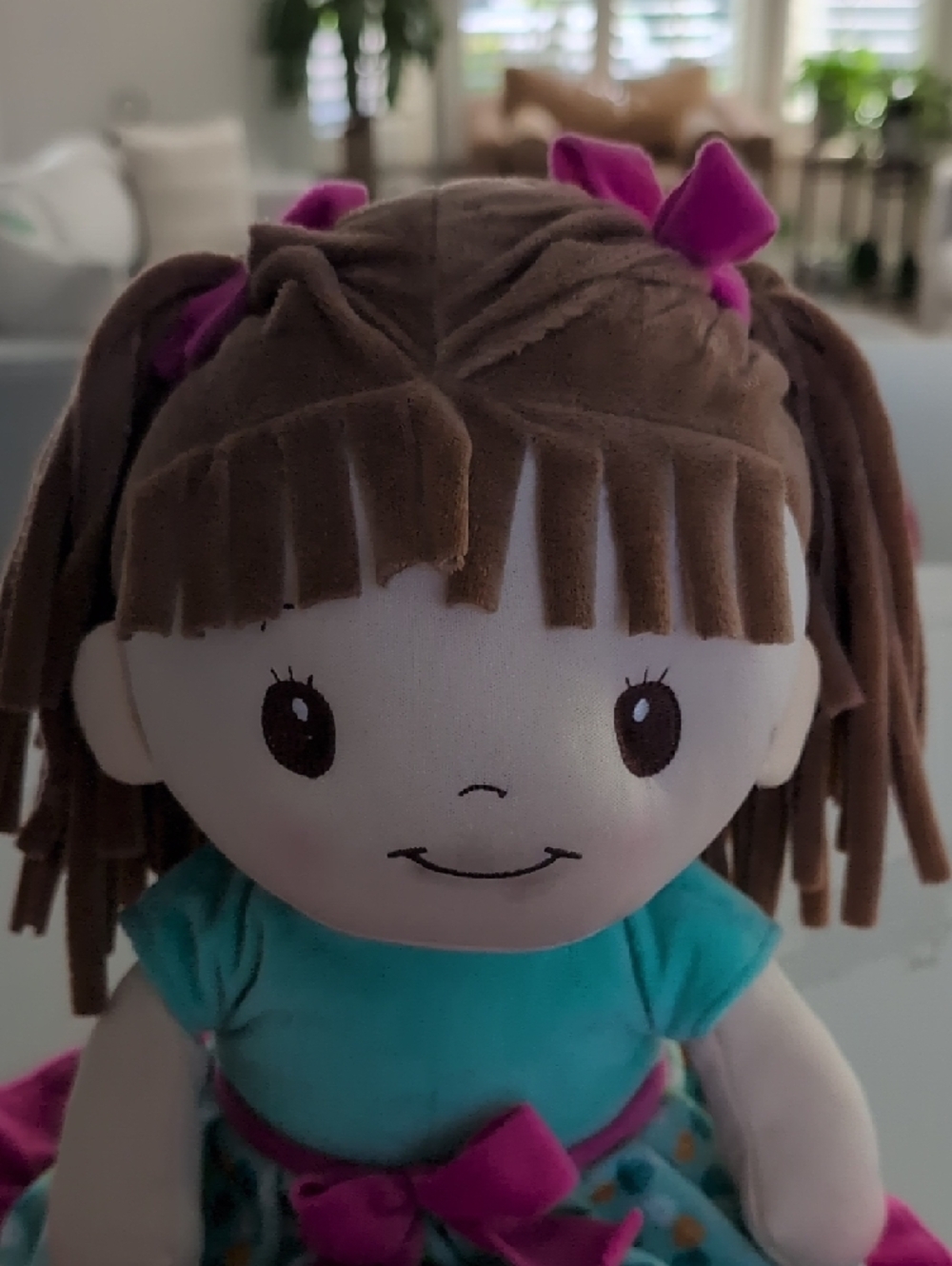 Plush Girl Doll in Pink and Teal - Soft Cuddle Toy - Picture 4 of 8